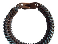 SS16-BBSH BLUE-BROWN   SS16 Two Tone Leather Necklace - New Blue and metallic brown patent leather necklace, featuring black and antique gold accented edges.